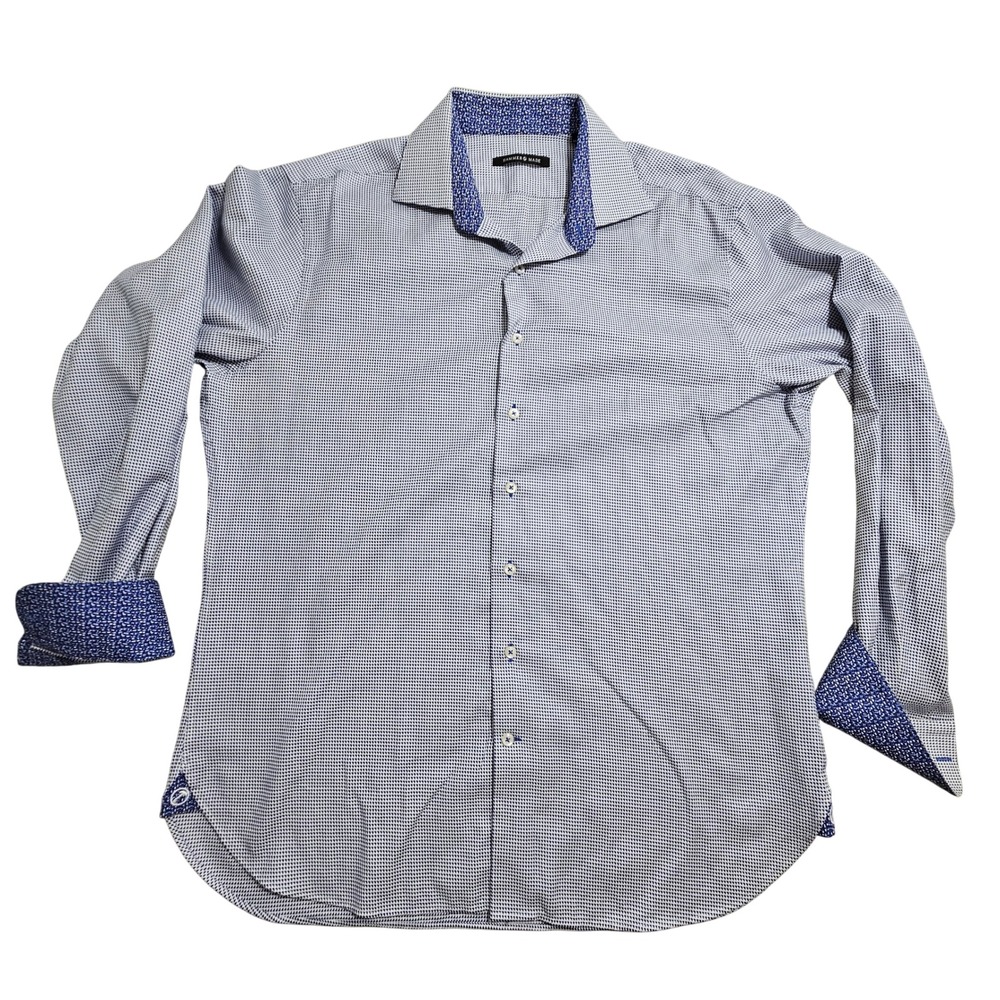 Hammer Made Button Down Shirt Mens 43/17 Blue White Micro Pattern Contrast Cuffs